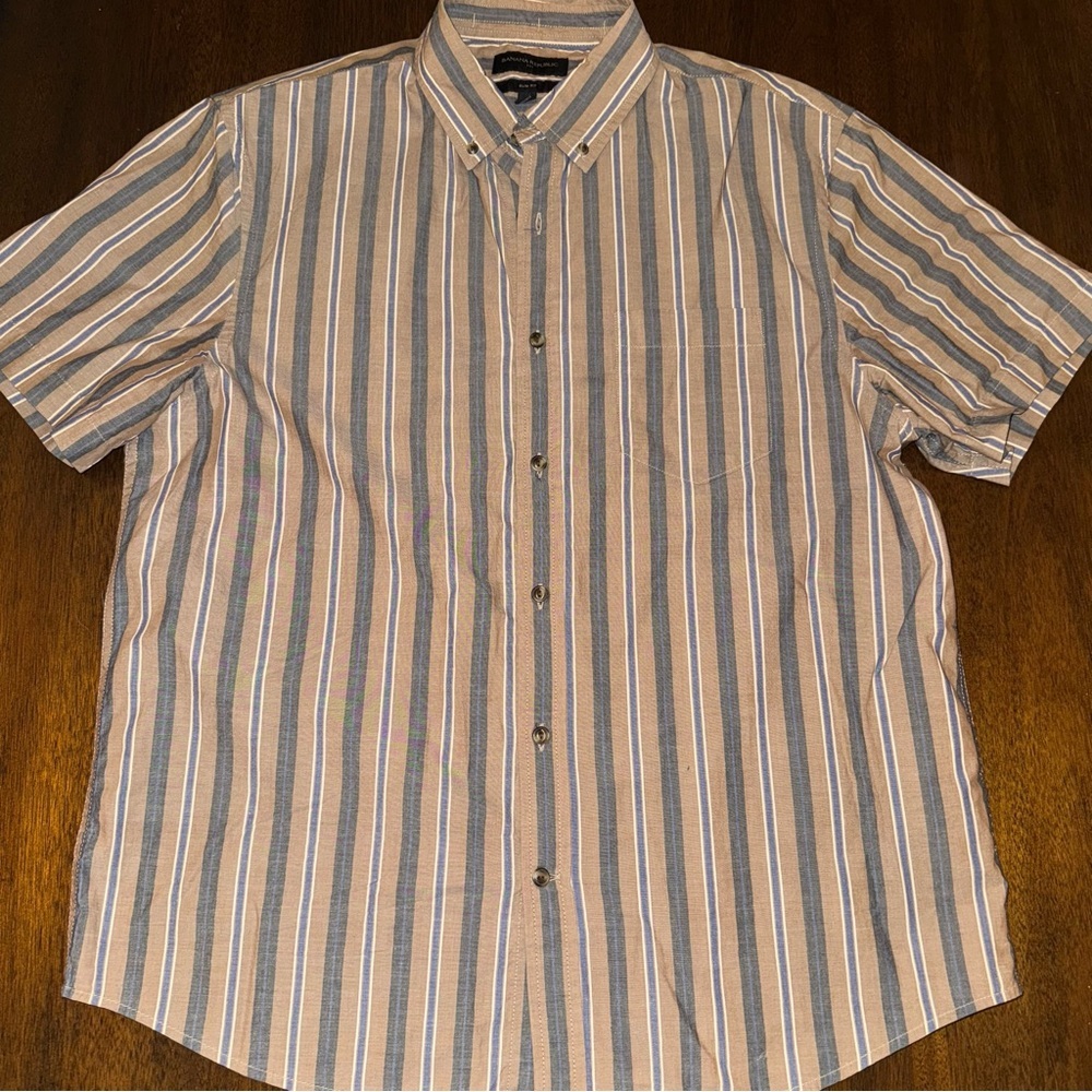 Banana Republic Factory Brown Gray Stripes Short Sleeve Button Down Shirt Large